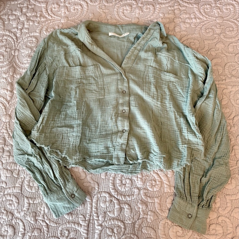Altar'd State Light Sage Button-Front Gauze Shirt